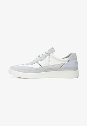White and light gray sneaker with suede and leather materials, round toe, flat sole, and lace-up design. Features textured accents.