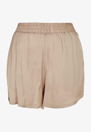 Beige, lettvekts stoff shorts med elastisk midje og løs passform, med en glatt tekstur og buet kant.