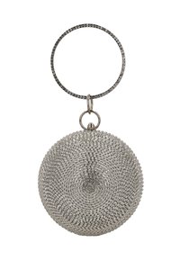 Bolso plateado redondo y texturizado con diseño en espiral y mango circular adornado con pequeños brillantes.