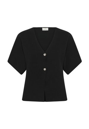 Juoda trumpa rankovėmis megzta palaidinė su V formos iškirpte, dekoruota dviem sidabriniais mygtukais priekyje ir šiek tiek platėjančia apačia.