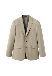 Beige tailored blazer with single button, notch lapels, two front pockets, and a inner pocket, made from a smooth textured fabric.