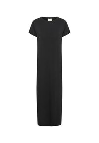 Black maxi dress with short sleeves, made of soft fabric. Features a simple, straight cut and falls to ankle length.