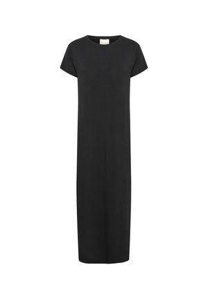 Musta maxi-mekko lyhyillä hihoilla, valmistettu pehmeästä kankaasta. Mekossa on yksinkertainen, suora leikkaus ja se ulottuu nilkkoihin.