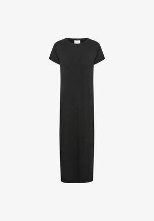 Črna maxi obleka s kratkimi rokavi, izdelana iz mehke tkanine. Ima preprost, raven kroj in sega do gležnjev.