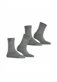 Graue Baumwollsocken mit einem gerippten Design in unterschiedlichen Höhen und einem subtilen Muster bei einem Paar. Jede Socke hat eine verstärkte Zehen- und Fersenpartie.