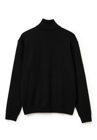 Schwarzer Rollkragenpullover mit lässiger Passform, langen Raglanärmeln sowie geripptem Hals- und Armabschlüssen. Weicher, leichter Stoff.