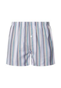 Boxer leggeri a righe, con linee orizzontali blu, verdi, beige e bianche. Girovita elastico e particolare con bottone anteriore.