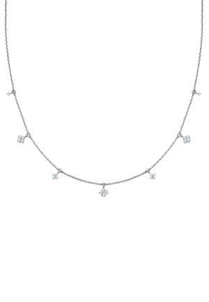 Delicate silver chain necklace with seven evenly spaced small square-cut diamond pendants along the chain.