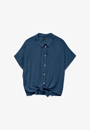 Cămașă albastru închis cu mâneci scurte, cu nasturi, guler și nod în față, confecționată din material texturat.