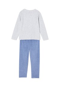 Gray long-sleeve top with round neckline paired with blue and white striped leggings. Both made from soft cotton fabric.