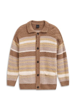 Braun-beiger gestreifter Cardigan mit Kragen, Knopfschluss, zwei Fronttaschen und einer weichen, flauschigen Textur.