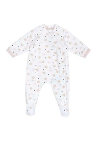 Vit babydräkt i mjukt tyg, med beige och svarta mönster av koppar och små rosetter, med långa ärmar och fotslut.