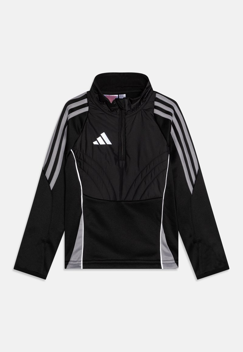 Pullover de sport noir avec un col montant, fermeture éclair mi-hauteur à l'avant, rayures grises sur les manches et logo blanc sur la poitrine. Tissu lisse et extensible.