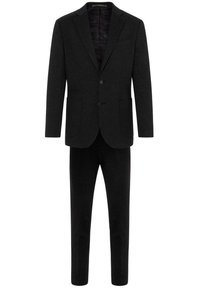 Donker houtskoolgrijs herensp pak met een colbert met één knoop en bijpassende recht gesneden broek.