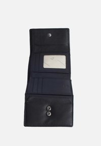 Black leather wallet with a snap closure, interior card slots, and a clear ID window. Smooth texture and minimal hardware details.
