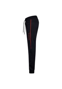 Schwarze Jogginghosen mit schmalem Schnitt, elastischem Bund und Kordelzug. Mit roten Seitennähten und einer Reißverschlusstasche auf der linken Seite.