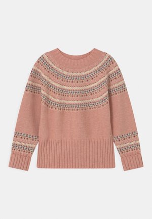 Rosa Strickpullover mit mehrfarbigem Fair-Isle-Muster rund um die Passe und die Bündchen, mit geripptem Kragen, Saum und Armbündchen.