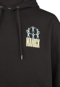 Black hooded sweatshirt with a textured finish. Features a graphic of five blue figures and the text "MANICK" in yellow at the chest.