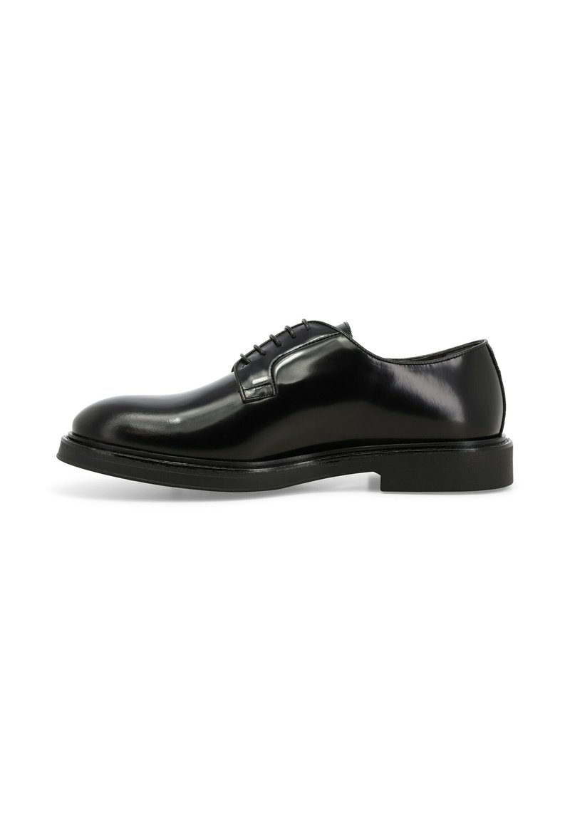 Scarpe eleganti in pelle nera con punta arrotondata, chiusura con lacci, finitura liscia e suola piatta in gomma. Design minimalista con dettagli di cucitura discreti.