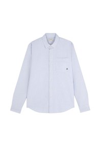 Lichtblauw gestreept button-up shirt met een borstzak. Heeft een kraag, lange mouwen en een klein geborduurd logo op de zak.