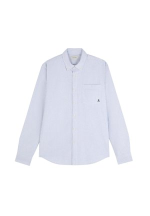 Chemise boutonnée rayée bleu clair avec une poche poitrine. Comprend un col, des manches longues et un petit logo brodé sur la poche.
