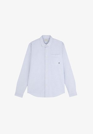 Light blue striped button-up shirt with a chest pocket. Features collar, long sleeves, and small embroidered logo on the pocket.