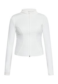 Giacca bianca con zip, maniche lunghe, texture liscia, design aderente e dettagli delle cuciture curve lungo i lati.