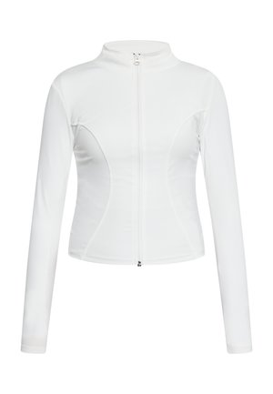 Jachetă albă cu fermoar, cu mâneci lungi, textură netedă, design ajustat și detalii cu cusături curbate pe laterale.