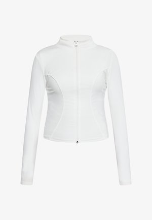 Weißer Reißverschlussjacke mit langen Ärmeln, glatter Textur, taillierter Passform und geschwungenen Nahtdetails an den Seiten.