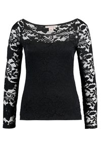 Haut noir à manches longues en dentelle, présentant des motifs floraux et un large décolleté. Le design texturé contraste la dentelle transparente avec un tissu uni.