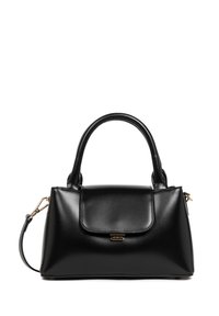 Borsa a mano in pelle nera con texture liscia, forma strutturata, hardware dorato, manici superiori e tracolla removibile. Chiusura a patta frontale.