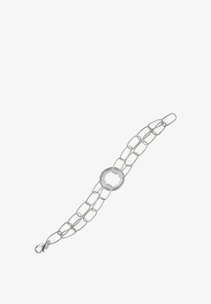 Bracelet chaîne en argent avec des maillons allongés, un accent circulaire au centre et un fermoir homard pour une fixation sécurisée.