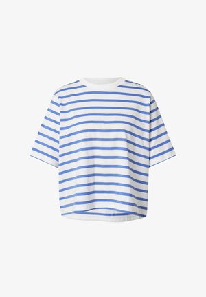 Gestreept T-shirt met horizontale blauwe en witte lijnen, korte mouwen, ronde hals en een losse pasvorm met een iets gebogen zoom.