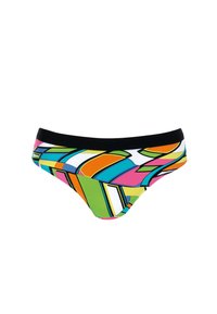 Wielokolorowe majtki bikini z odważnymi wzorami geometrycznymi w kolorach zielonym, różowym, pomarańczowym i niebieskim; czarny pas; gładki materiał.