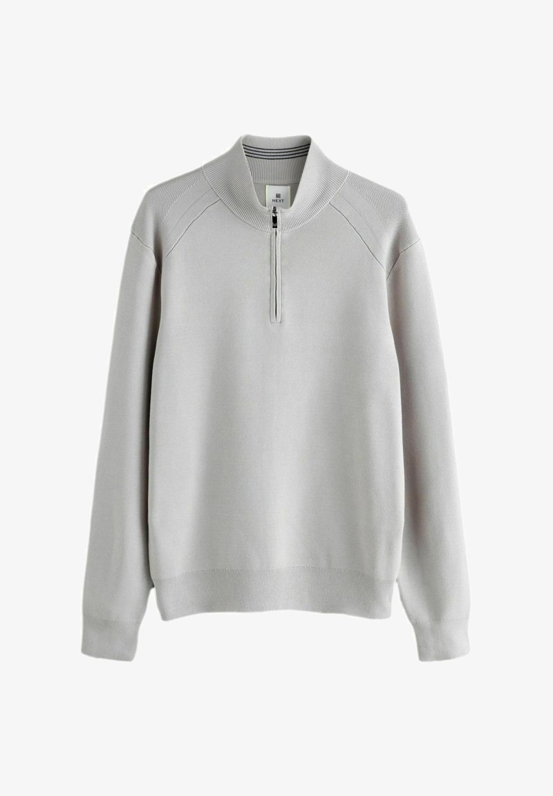 Lichtgrijze pullover trui met een ritssluiting aan de nek, ribgebreide kraag en manchetten, en raglanmouwen. Gladde textuur met een eenvoudig en comfortabel ontwerp.