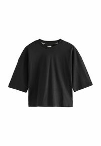 Black short-sleeve t-shirt made of cotton. Features a round neckline and a relaxed fit with no patterns or accents. Smooth texture.