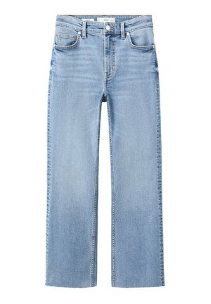 Světlé modré džínové kalhoty s rovnými nohavicemi, vysokým pasem, pětikapsovým stylem a detaily z měděného kovu.