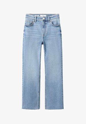 Svijetloplave traper hlače ravnog kroja, visokog struka, s pet džepova i detaljima u nijansi bakra.