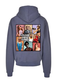 Navy hoodie featuring a colorful graphic design with nine characters and the text "LET THE GAME START" in a bold font. Cotton material.