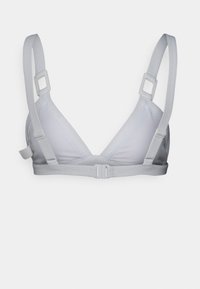 Bralette triangular em cinza claro com alças ajustáveis, faixa texturizada e fecho de gancho nas costas. Material lisinho com costuras mínimas.