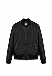 Jachetă bomber neagră cu un finisaj neted, guler și manșete ribbate negre, două buzunare frontale și închidere cu fermoar. Logo-ul brandului pe mânecă.
