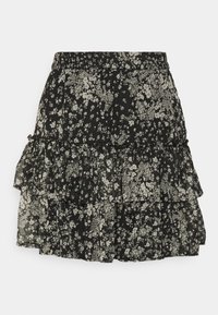 Schwarzer Blumenkleid aus leichtem Stoff, mit einem gestuften Volant-Design, elastischem Bund und zarten weißen Blütenmustern.