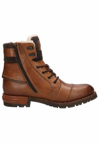 Braune Lederknöchelstiefel mit einer Schnürung vorne, seitlichem Reißverschluss und flauschiger Fütterung. Merkmale sind das glatte Obermaterial und die robuste Sohle für besseren Halt.