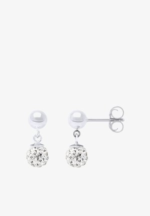 Clous d’oreilles en argent avec de petites boules rondes serties de cristaux transparents, avec fermoirs papillon.