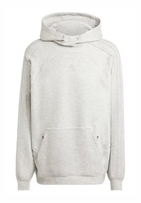 Sivá mikina s kapucňou, klokaním vreckom, rebrovanými manžetami a tromi pásikmi pozdĺž rukávov. Mäkká, textúrovaná tkanina.