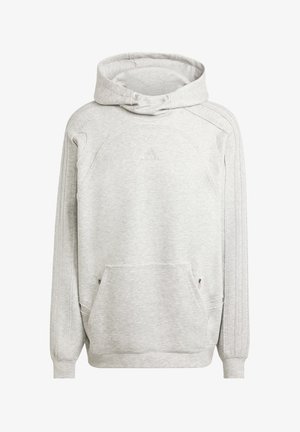 Gray hooded sweatshirt with a kangaroo pocket, ribbed cuffs, and three stripe accents along the sleeves. Soft, textured fabric.