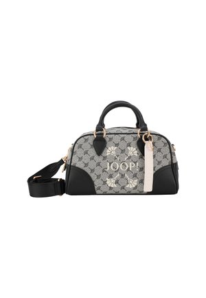 Medium-sized handbag with a grey floral pattern, black leather accents, dual top handles, and a detachable shoulder strap. Gold-tone hardware.