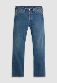 Jeans in denim blu con un design a gamba dritta, caratterizzati da un closure con bottone, tasche frontali e un lavaggio sbiadito con leggere sfumature.