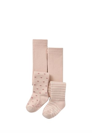 Two pairs of beige baby tights, one plain, one with small heart patterns, and one pair of beige socks with white stripes.
