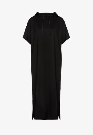 Schwarzes Kapuzenkleid mit kurzen Ärmeln, aus weichem Material hergestellt. Verfügt über seitliche Schlitzungen für Bewegungsfreiheit und eine entspannte, lockere Passform.